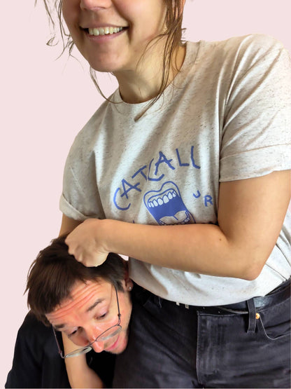 Funny conflict shot of a making a male sweat  - catcall your mom-print in hand writing, shirt against toxic masculinity, eco-friendly organic t-shirt, fair wear