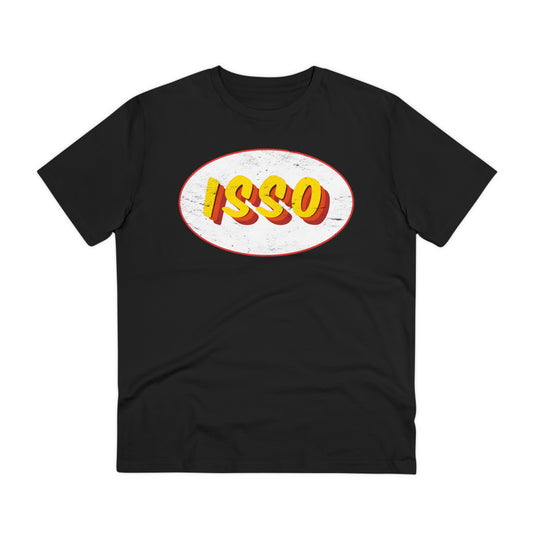 typografisches Retro-Design, Aufdruck: 'ISSO' auf ovalem Grund, schwarzes T-Shirt