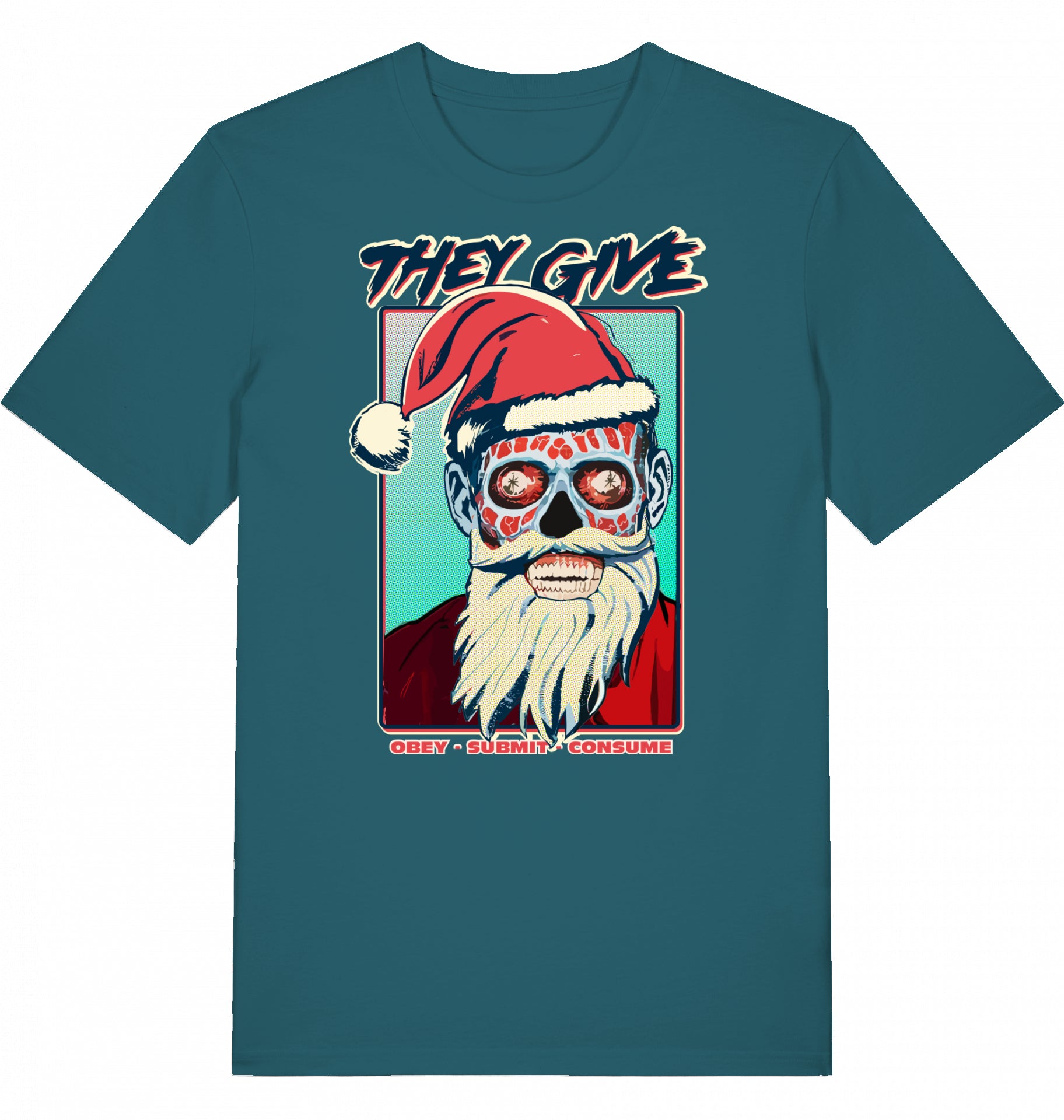 Knalliges John Carpender 80's Filmkult Re-Design des Klassikers 'They Live' im X-Mas mash up mit Alien-Santa als gruseligen Anti-Weihnachtsmann - HoHoHo! Euch allen ein schaurig gutes Fest! Schenkt euren Freunden etwas Wildes und lasst die Fetzen fliegen!